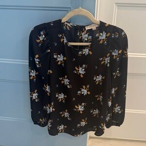 LOFT Black Blouse with Floral Print